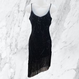 Black Fringed Camisole Dress with Shawl